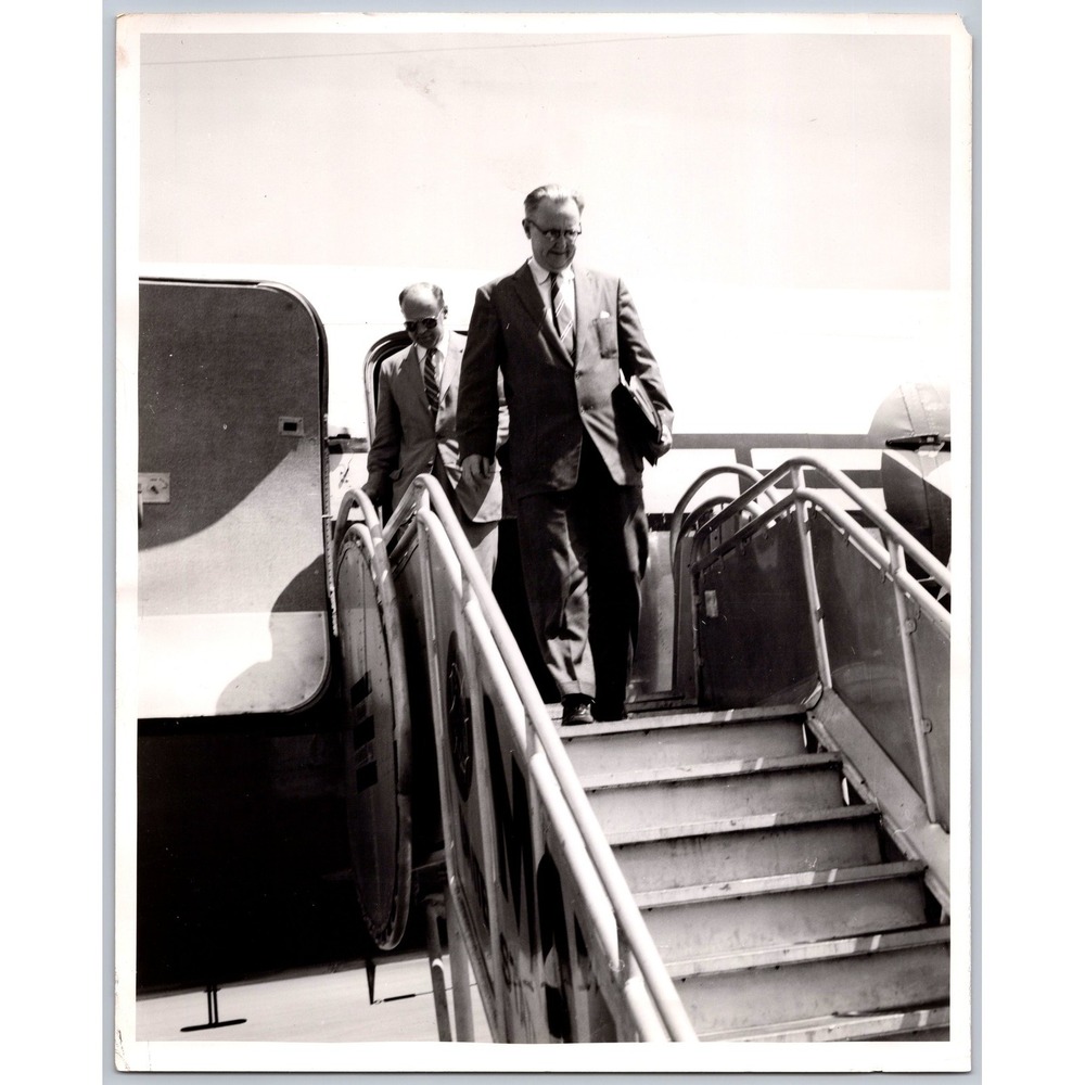 Vtg 1950s Press Photo Man in Suit Descending Airplane Stairs Air Travel B&W